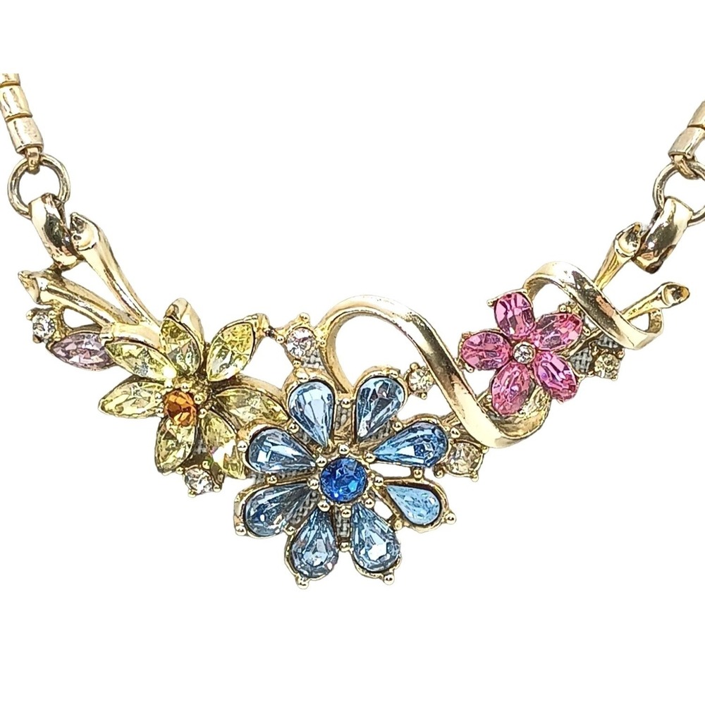 Vintage Corocraft Necklace‎ Rhinestone Flowers Pastel Floral Signed Jewelry